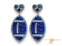 Game Day Blue Rhinestone Hearts Football Earrings