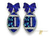 Game Day Blue Coquette Bow Rhinestone Football Earrings