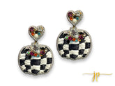 Great Black & White Checkered Raffia Pumpkin Beaded Rhinestone Earrings