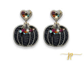 Great Black & White Checkered Raffia Pumpkin Beaded Rhinestone Earrings