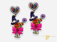 Coquette Witch Brewtini Cocktail Raffia Beaded Rhinestone Earrings
