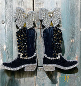 Beaded Game Day Cowgirl Boot Earrings in Black Rhinestones and Raffia with Coquette Bows