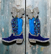 Beaded Game Day Cowgirl Boot Earrings in Blue Rhinestones and Raffia with Coquette Bows
