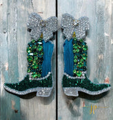Beaded Game Day Cowgirl Boot Earrings in Green Rhinestones and Raffia with Coquette Bows