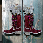 Beaded Game Day Cowgirl Boot Earrings in Maroon Rhinestones and Raffia with Coquette Bows