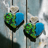 Beaded Game Day Heart Earrings in Green Rhinestones and Raffia with Heart Topper