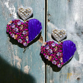 Beaded Game Day Heart Earrings in Green Rhinestones and Raffia with Heart Topper