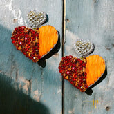 Beaded Game Day Heart Earrings in Orange Rhinestones and Raffia with Heart Topper