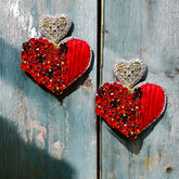 Beaded Game Day Heart Earrings in Crimson Rhinestones and Raffia with Heart Topper