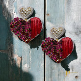 Beaded Game Day Heart Earrings in Maroon Rhinestones and Raffia with Heart Topper - Game Day Jewelry, Team Colors