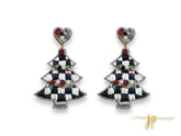 Black and White Checkered Christmas Tree Beaded Earrings with Rhinestone and Raffia