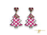 Pink and White Checkered Christmas Tree Beaded Earrings with Rhinestone and Raffia