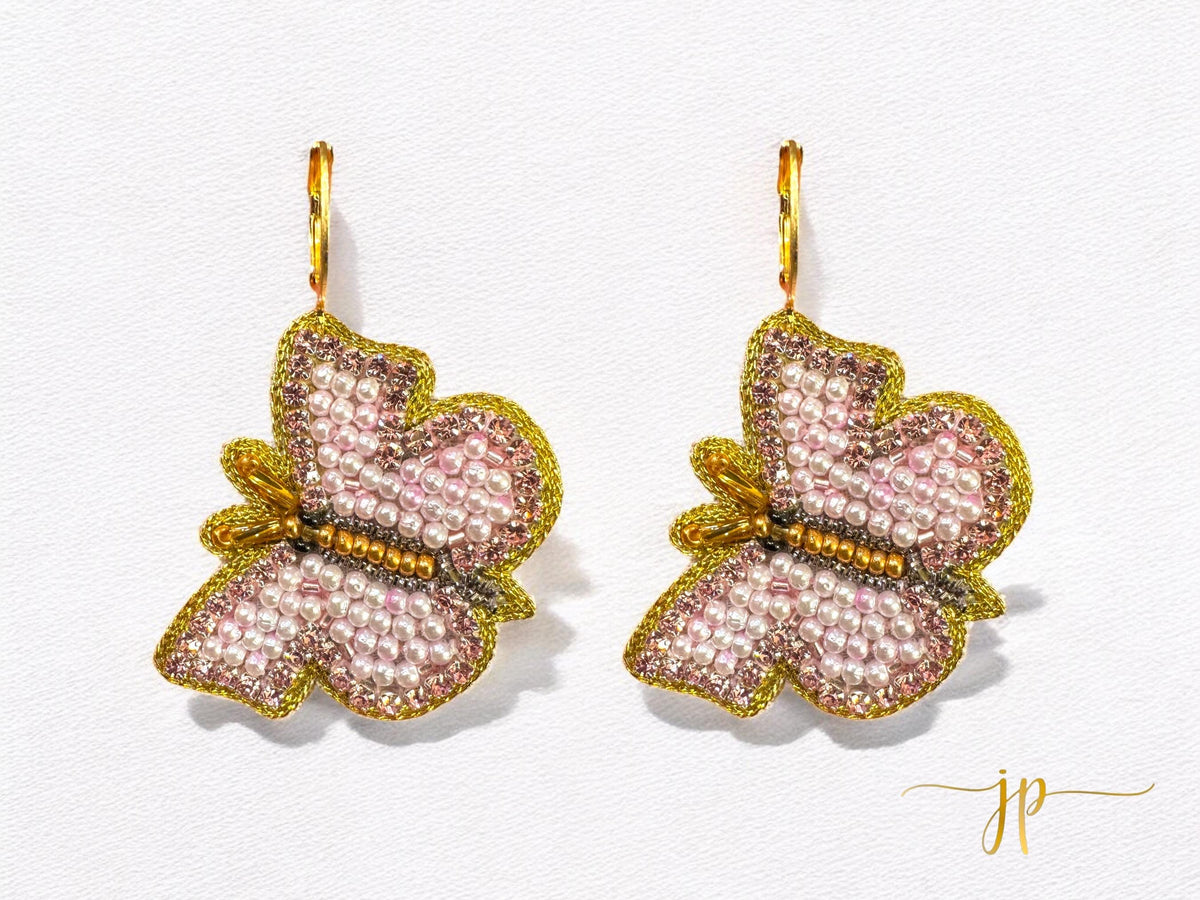 Beaded Pink Butterfly Statement Dangle Earrings