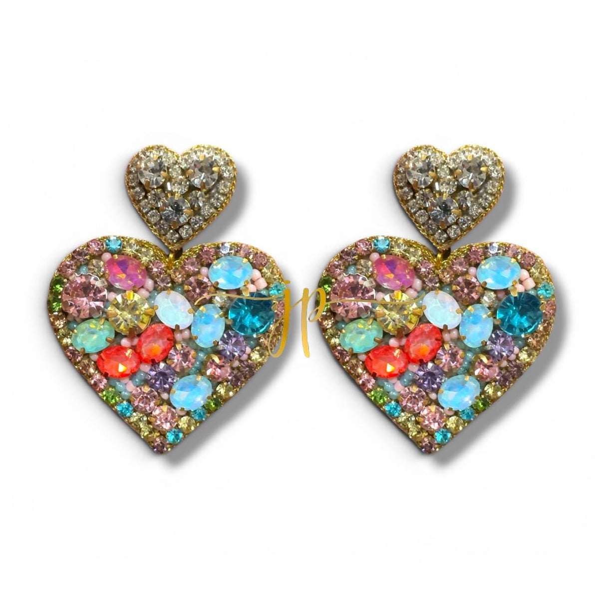 Colorful Mosaic Rhinestone Heart Earrings with Heart Toppers
