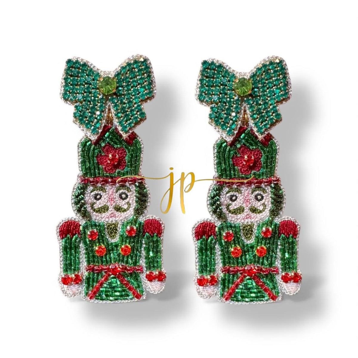 Enchanted Evergreen Green and Red Nutcracker Beaded Rhinestone Earrings