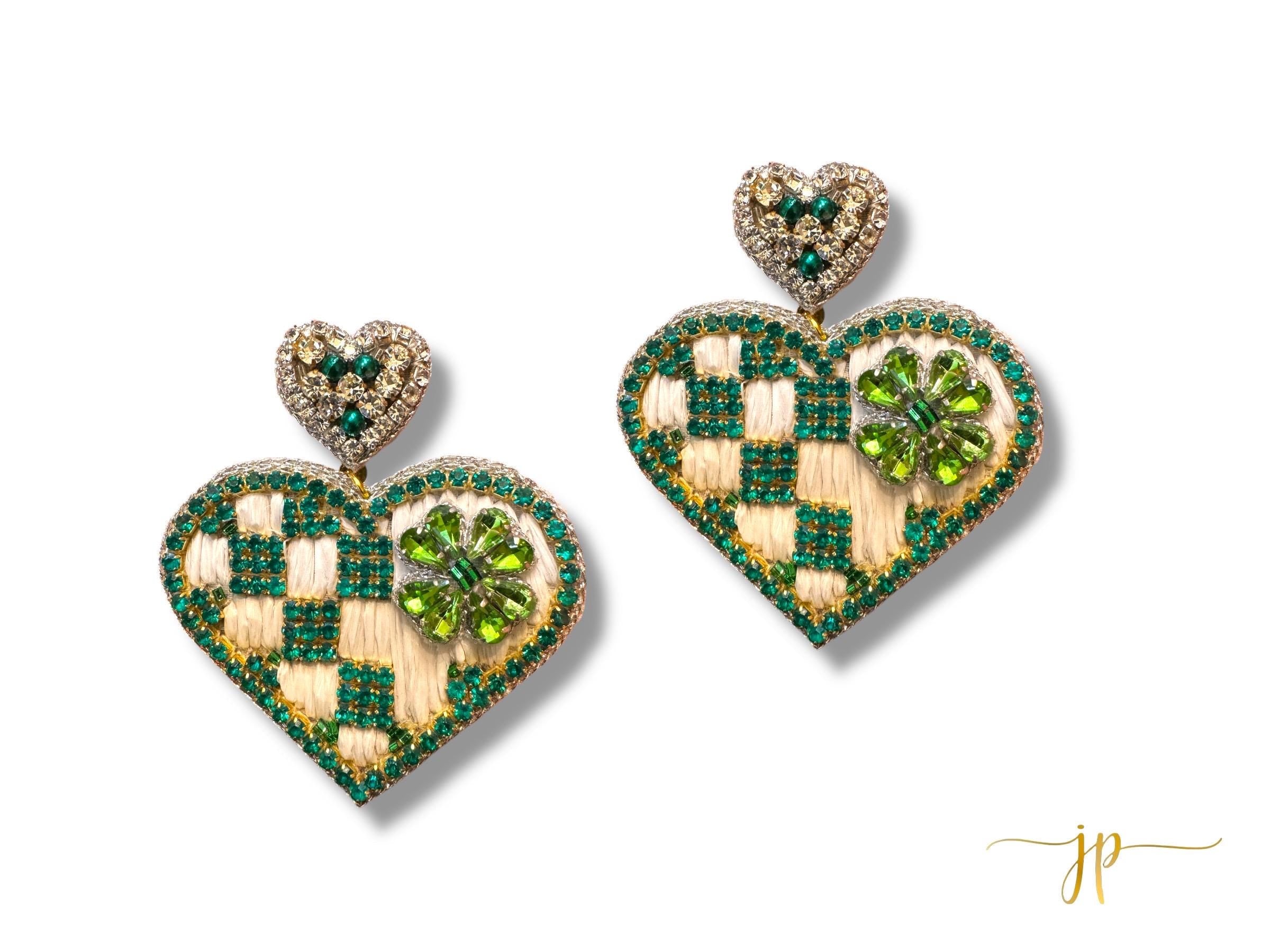 Green and White Checkered Heart Beaded Earrings with Rhinestone and Raffia and Heart Toppers
