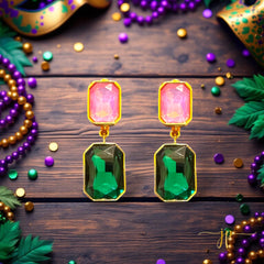 Emily Emerald-Cut Green and Iridescent Pink Opulent Double Gemstone Dangle Earrings
