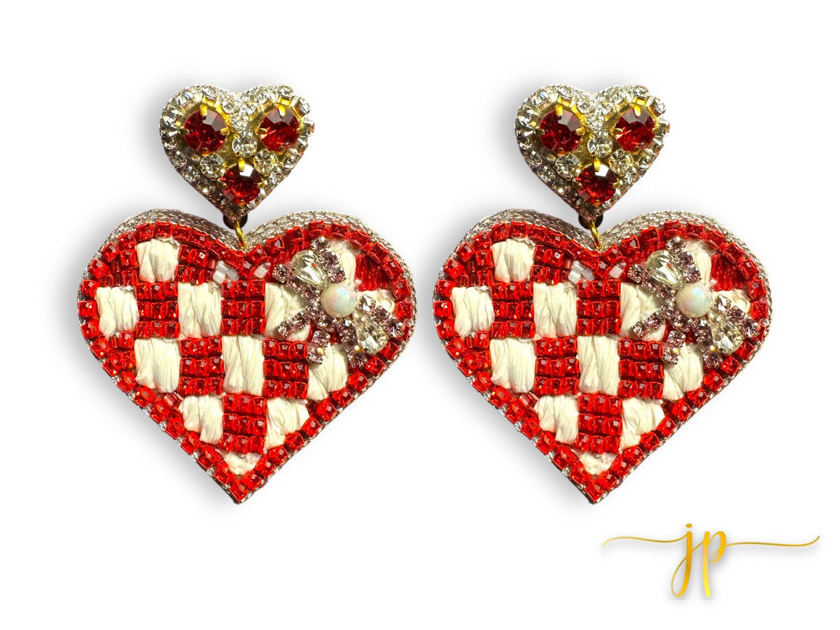 Red and White Checkered Heart Beaded Earrings