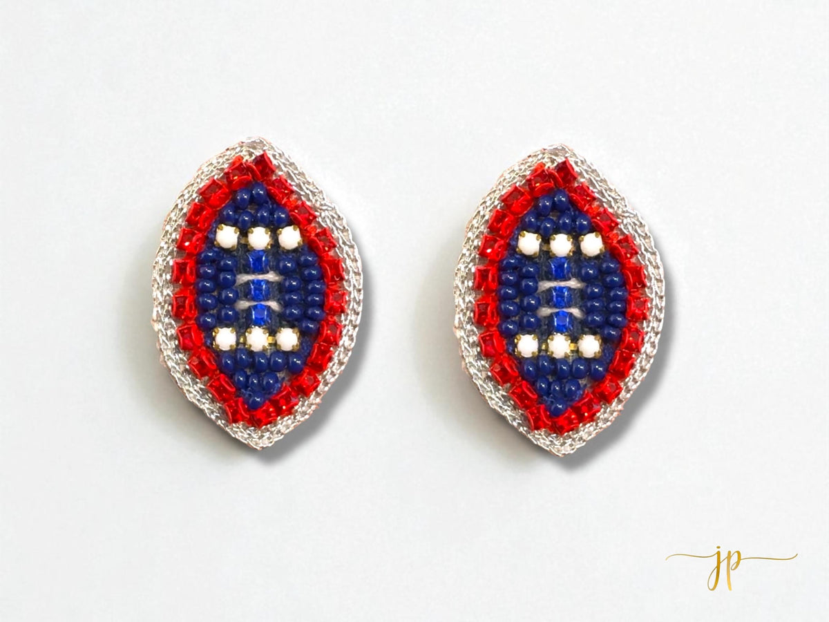 Blue and Red Beaded Football Stud Earrings
