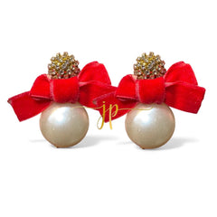 Velvet Red Bow Pearl Drop Earrings