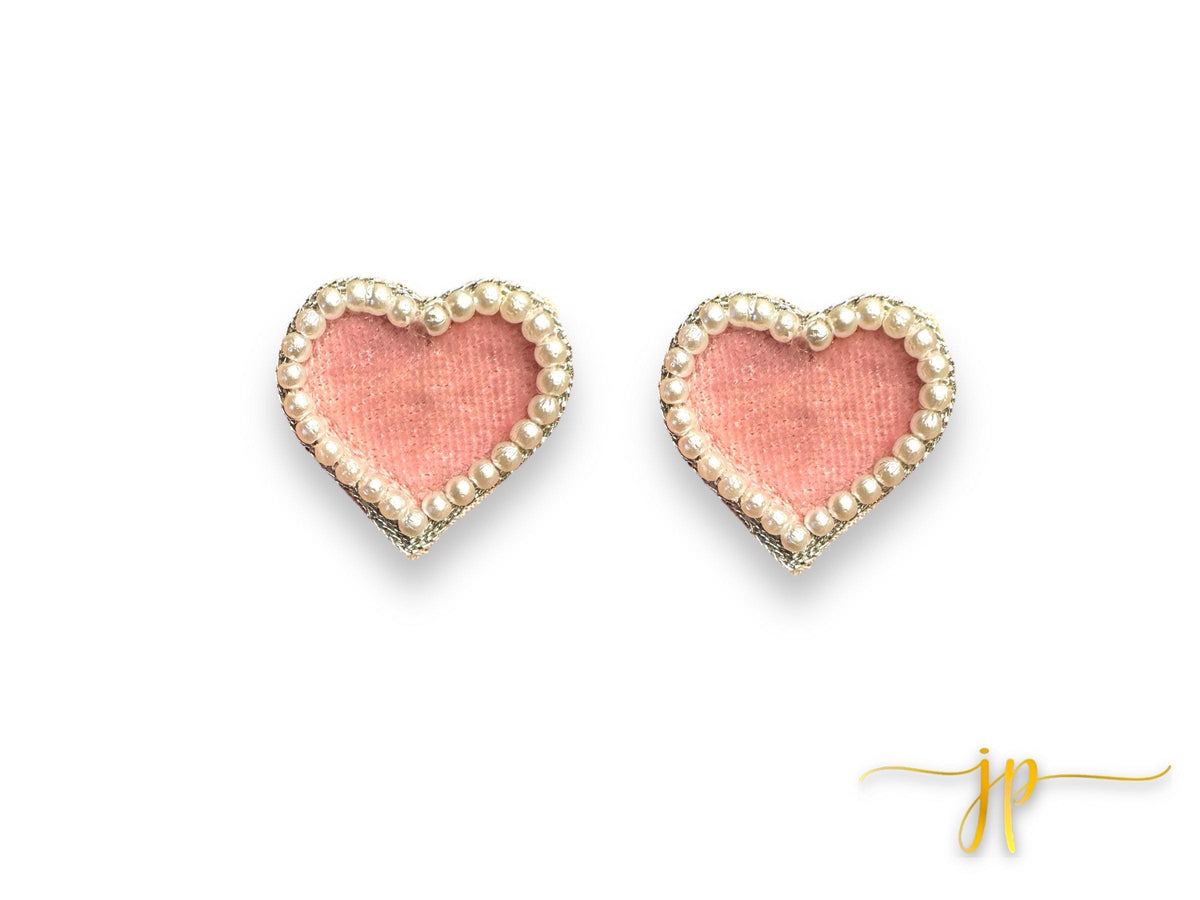 Luxe Soft Pink Velvet Heart Earrings with Pearl Outline Beaded Statement Earrings