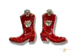Game Day Red and Silver Beaded Rhinestone Boot Stud Earrings with Hearts