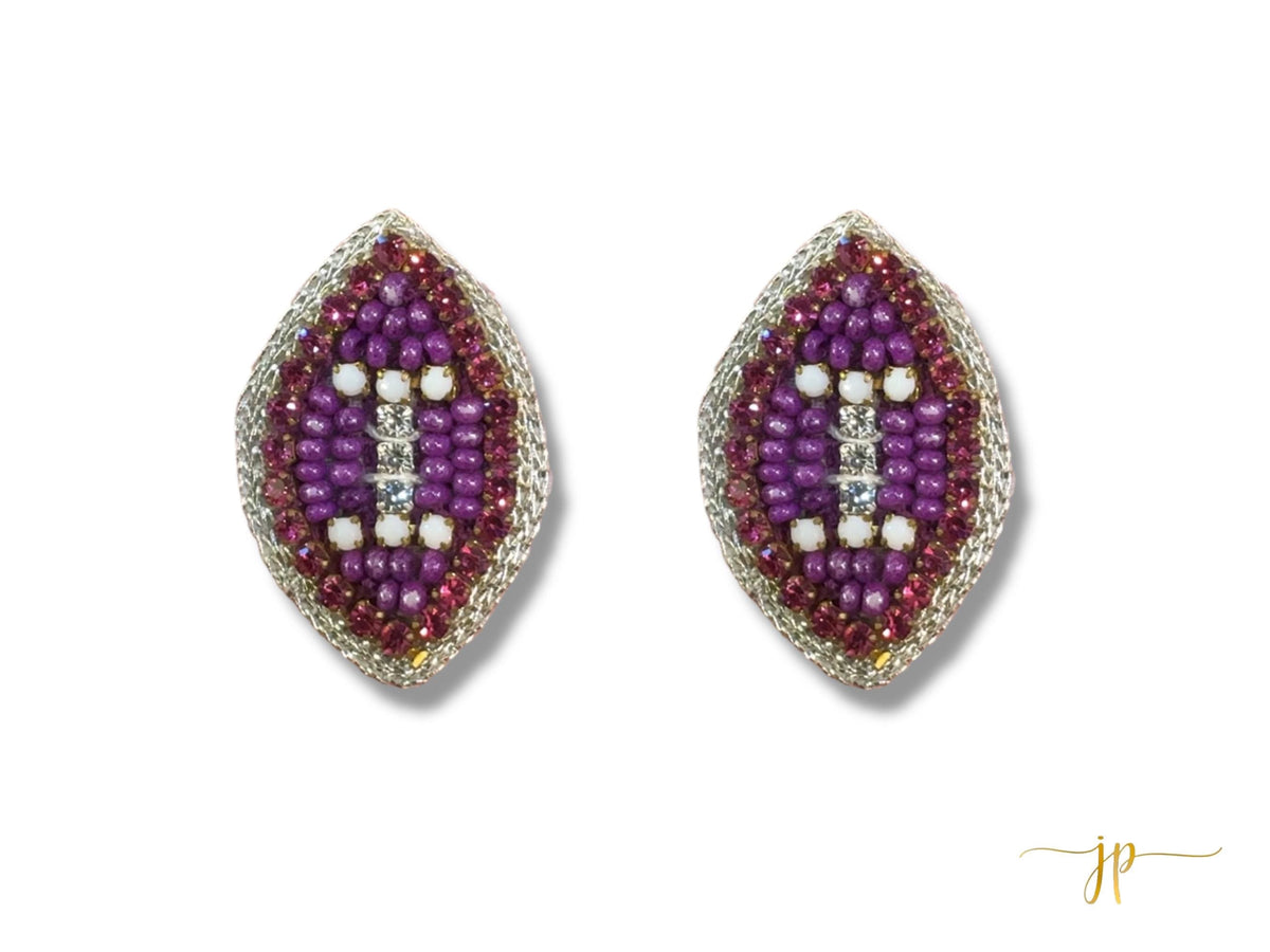 Purple and White  Beaded Football Stud Earrings