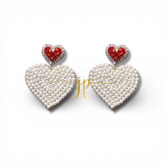 Pearl Heart Beaded Drop Earrings with Red Rhinestone Topper