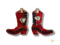Game Day Red and Black Beaded Rhinestone Boot Stud Earrings with Hearts