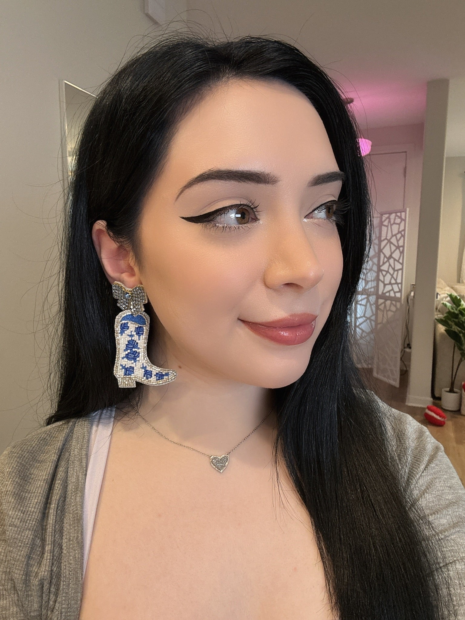 Porcelain Blue and White Rose Toile Pattern Coquette Cowboy Boot Earrings with  Rhinestone Bows