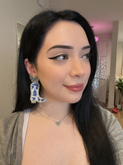 Porcelain Blue and White Rose Toile Pattern Coquette Cowboy Boot Earrings with  Rhinestone Bows
