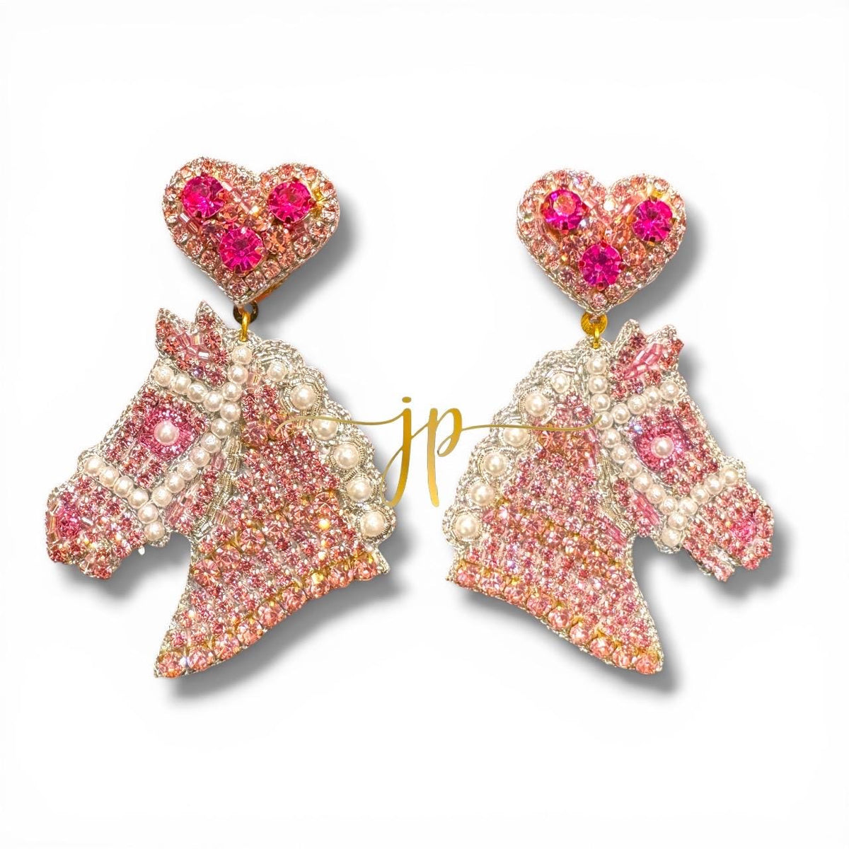 Pink Rhinestone and Pearl Beaded Horse Silhouette Dangle Earrings with Heart Toppers