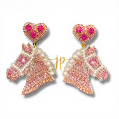 Pink Rhinestone and Pearl Beaded Horse Silhouette Dangle Earrings with Heart Toppers