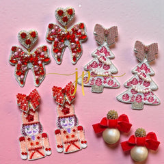 Red and Pink Beaded Rhinestone Bow Earrings with Heart Topper
