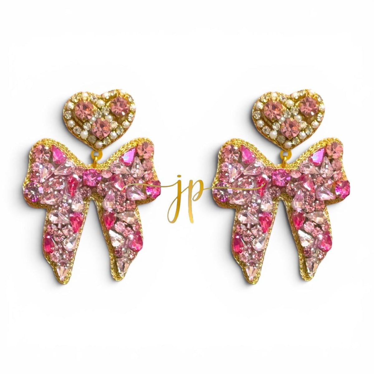 Light Pink Beaded Rhinestone Bow Earrings with Heart Topper