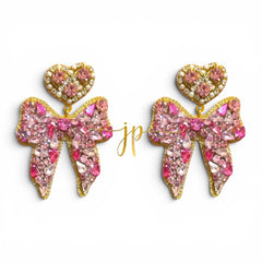 Light Pink Beaded Rhinestone Bow Earrings with Heart Topper