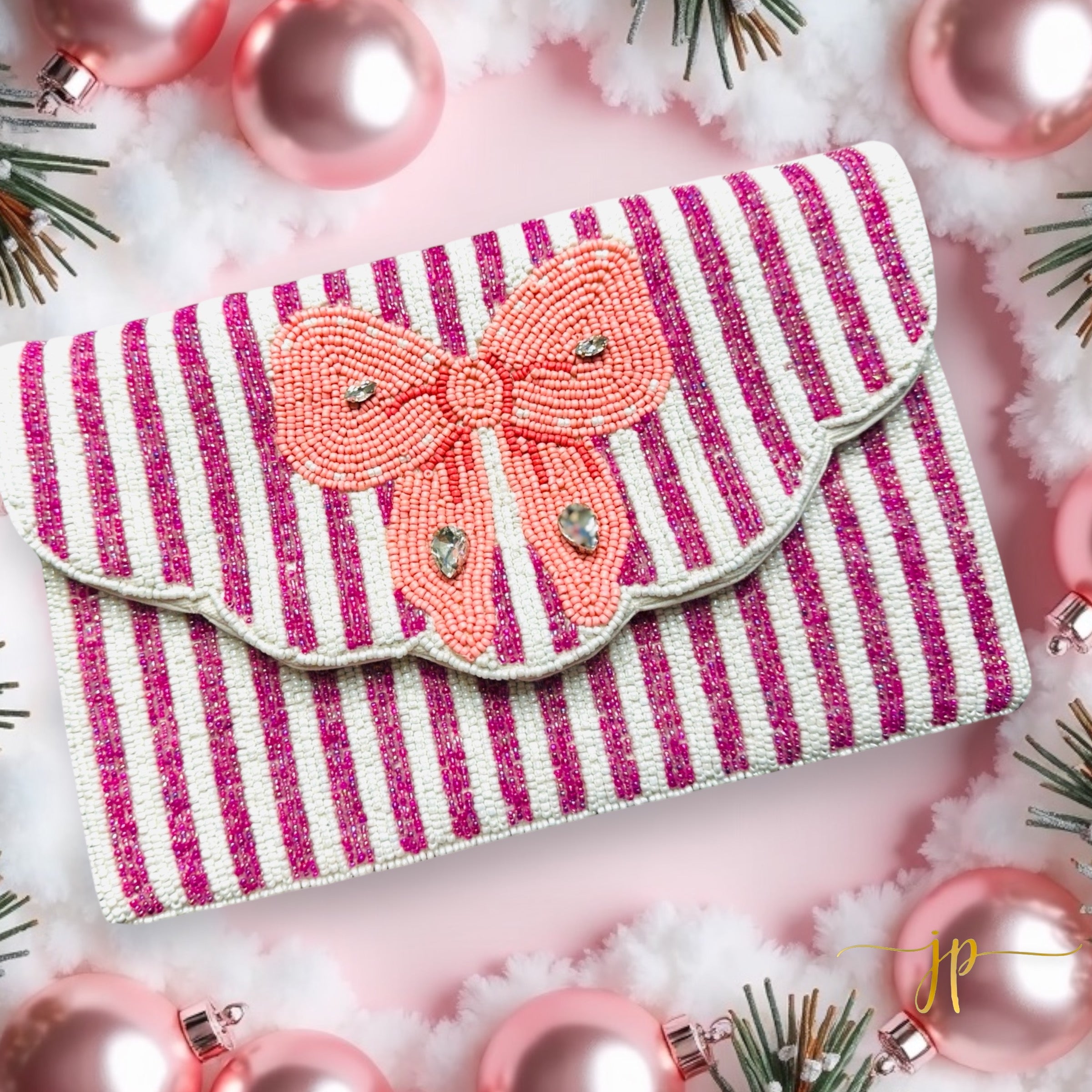 Royal Romance Pink Striped Beaded Clutch with Bow