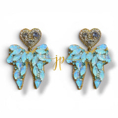 Light Blue Beaded Rhinestone Bow Earrings with Heart Topper