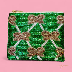 Green Beaded Coin Purse with Pink Bow
