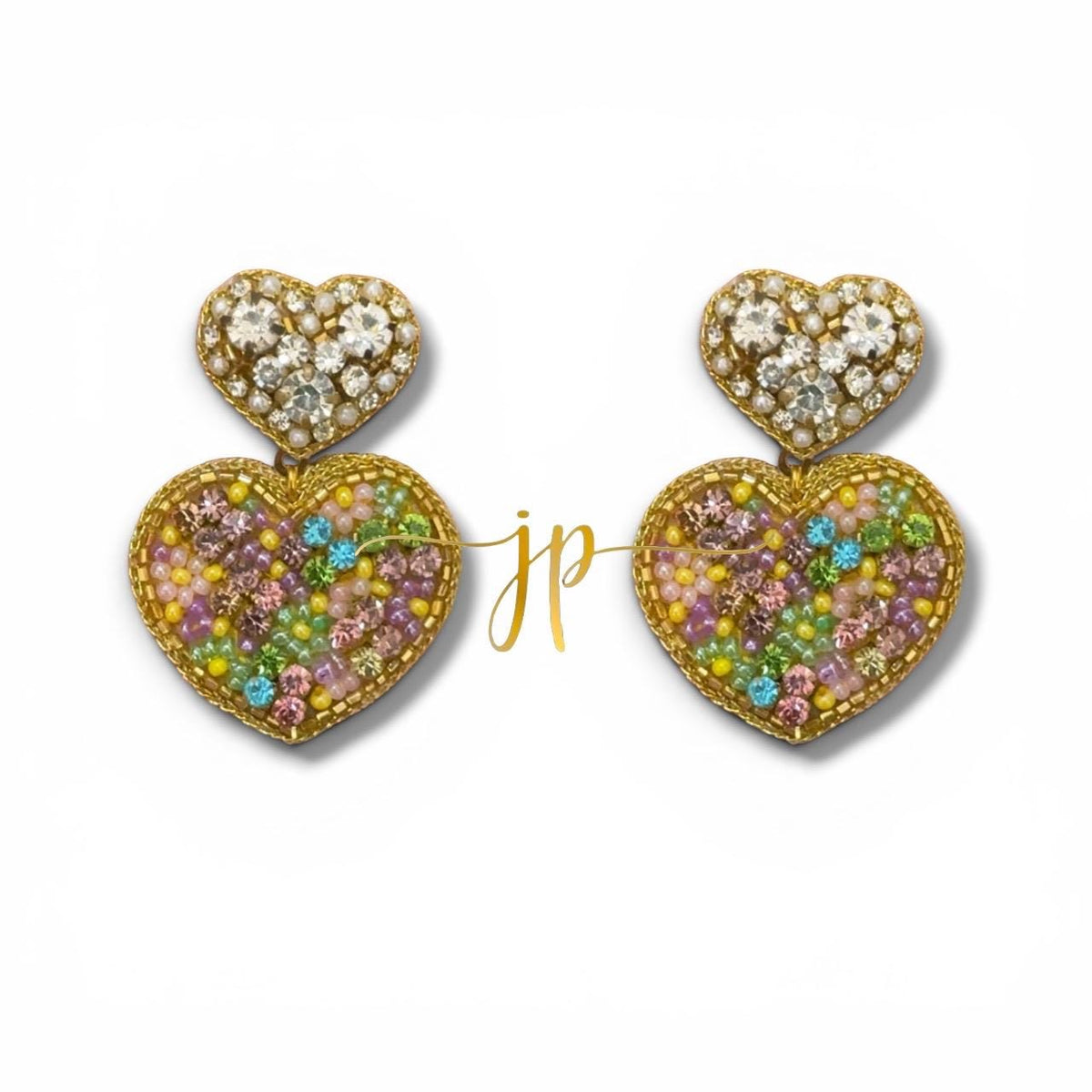 Italian Gelato Mosaic Heart Beaded Earrings with Rhinestone Heart Toppers, Italian Coastal Jewelry