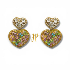 Italian Gelato Mosaic Heart Beaded Earrings with Rhinestone Heart Toppers, Italian Coastal Jewelry
