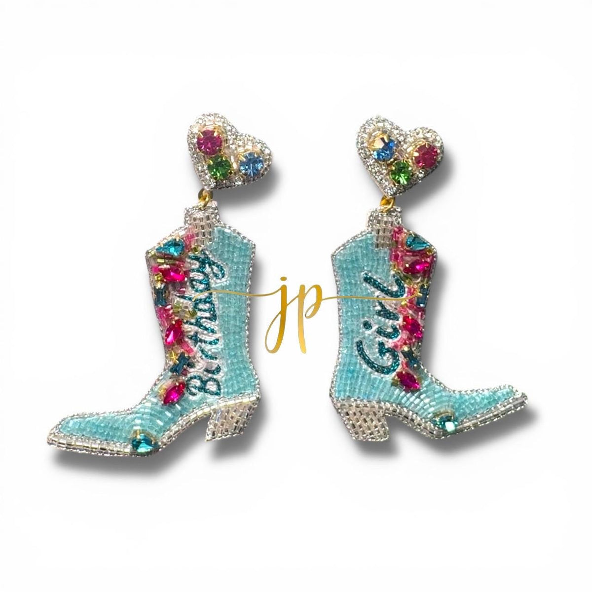 Birthday Girl Beaded Multicolored Rhinestone Cowgirl Boot Dangle Earrings with Heart Topper