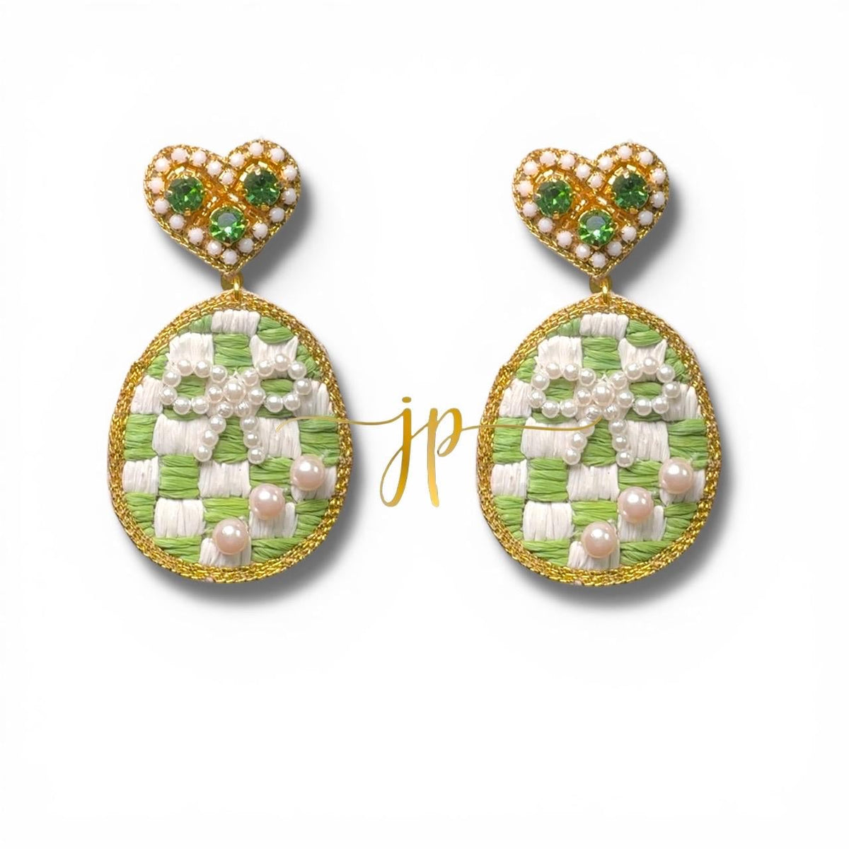 Duchess Green Checkered Raffia Beaded Easter Egg Dangle Earrings with Pearl Bow and Heart Topper