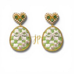 Duchess Green Checkered Raffia Beaded Easter Egg Dangle Earrings with Pearl Bow and Heart Topper