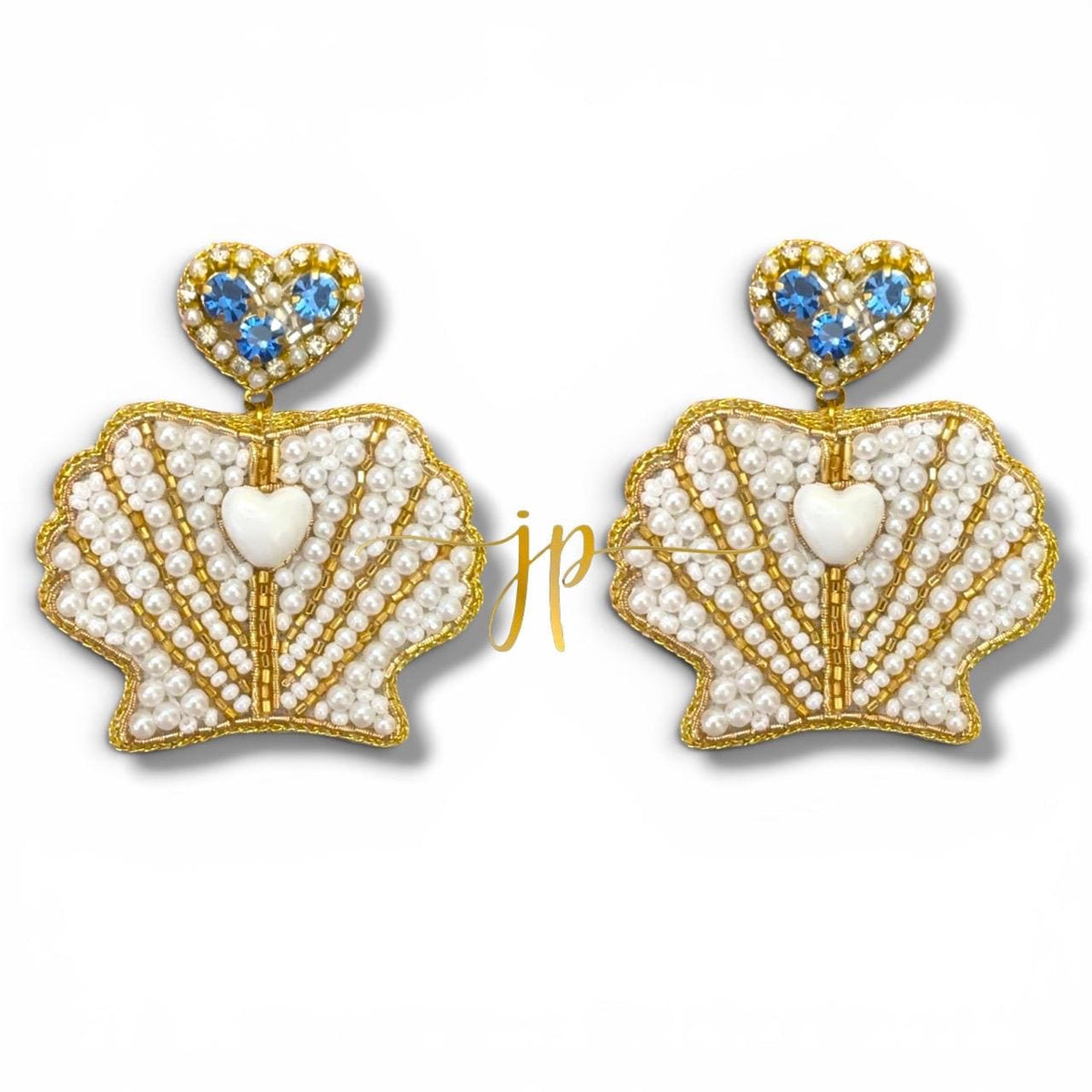 Pearl Shell Heart Beaded Statement Earrings with Blue Rhinestone Heart Toppers, Italian Coastal Jewelry