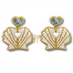Pearl Shell Heart Beaded Statement Earrings with Blue Rhinestone Heart Toppers, Italian Coastal Jewelry