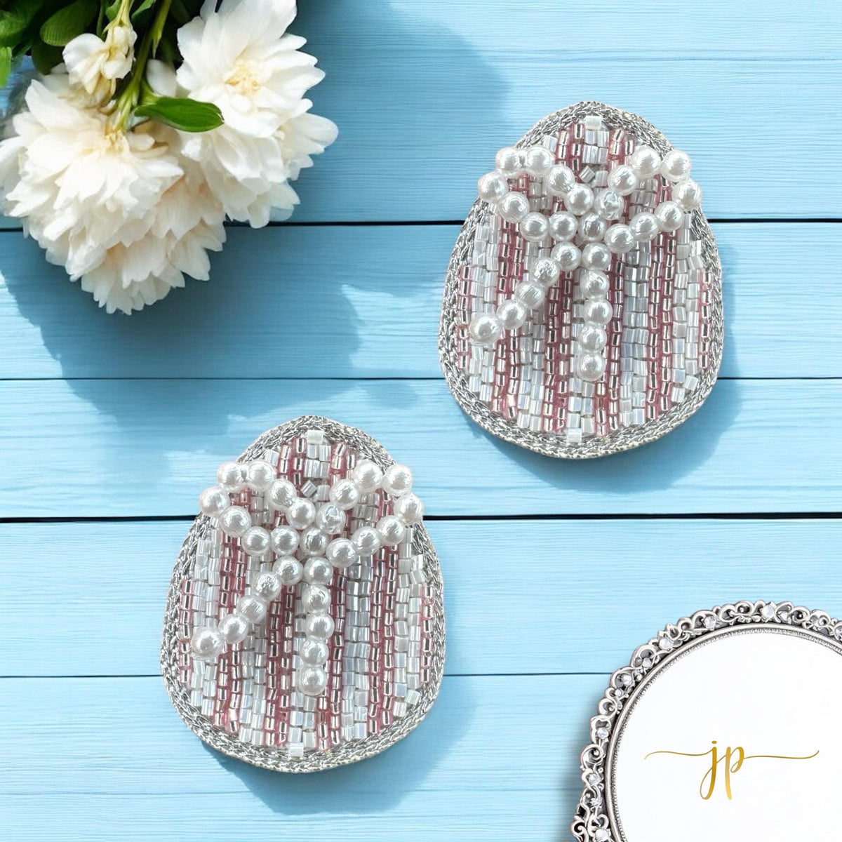Beaded Pink Striped Easter Egg Stud Earrings with Pearl Bows