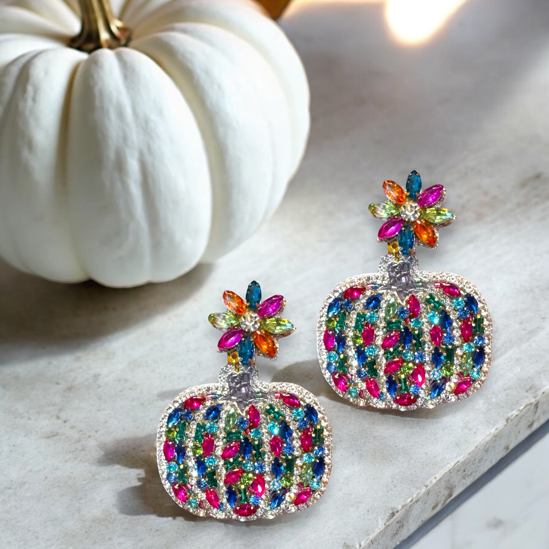 Jewel-Toned Harvest Rhinestone Beaded Pumpkin  Statement Earrings