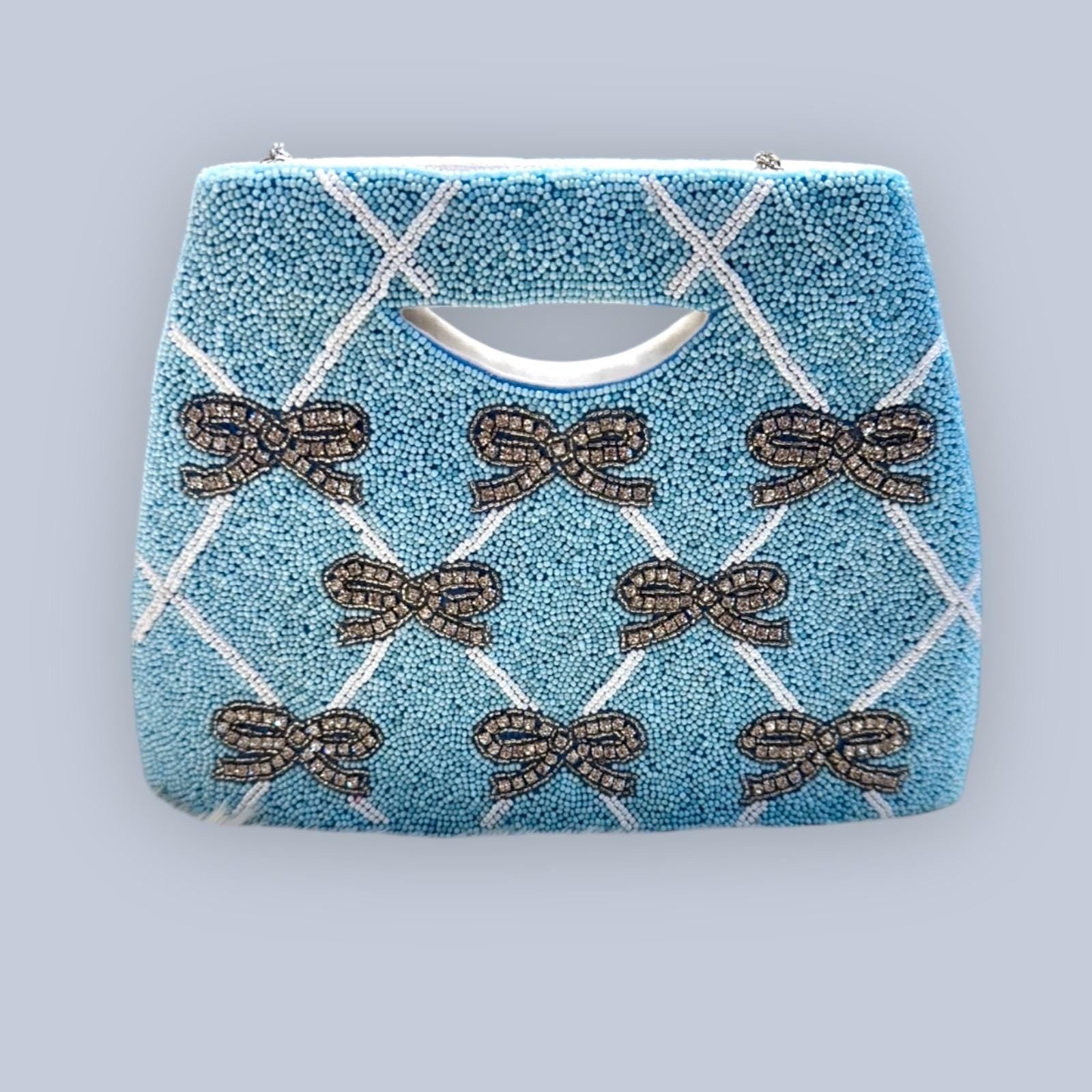 Blue Coquette Beaded Bow Rhinestone Structured Box Clutch Crossbody Handbag with Cut-Out Handle
