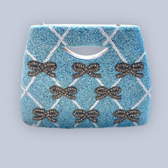 Blue Coquette Beaded Bow Rhinestone Structured Box Clutch Crossbody Handbag with Cut-Out Handle
